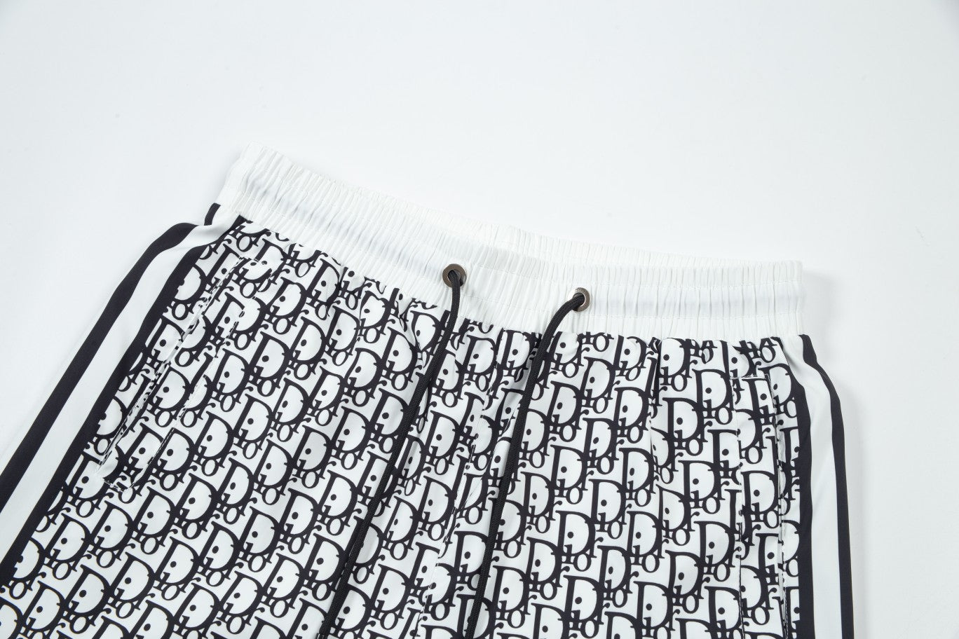 Black and white patterned beach shorts