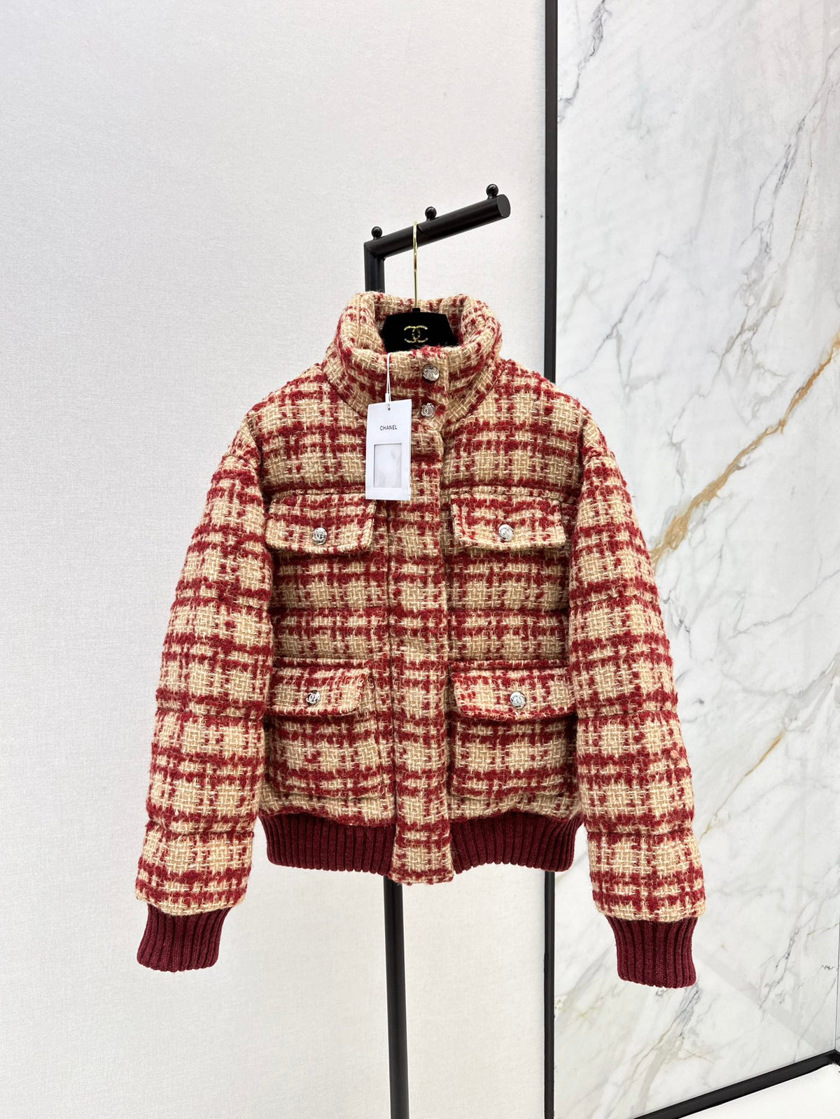 Ski tweed plaid stand collar down jacket