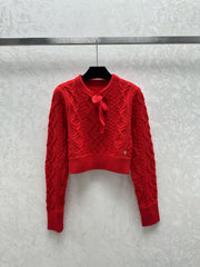 Cashmere cable-knit bow-tie crewneck long-sleeved top