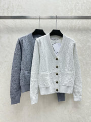 Dark jacquard knitted V-neck cardigan jacket