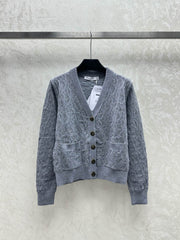 Dark jacquard knitted V-neck cardigan jacket