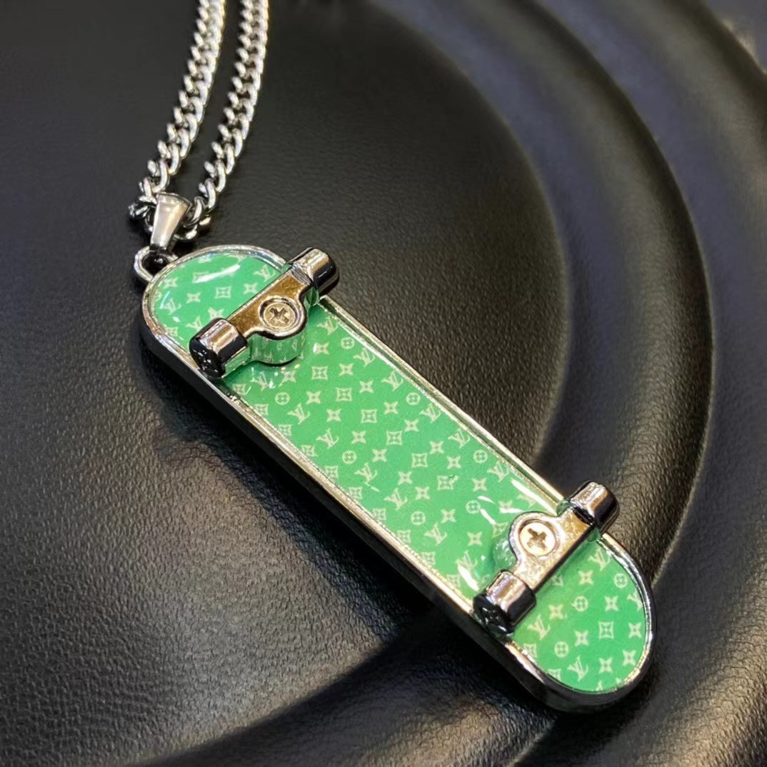 Skateboard style metal pendant necklace