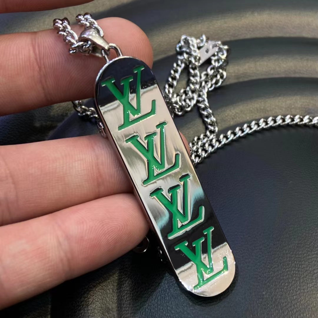 Skateboard style metal pendant necklace