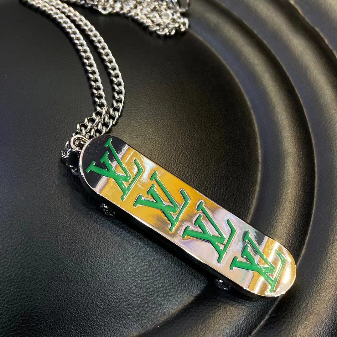 Skateboard style metal pendant necklace