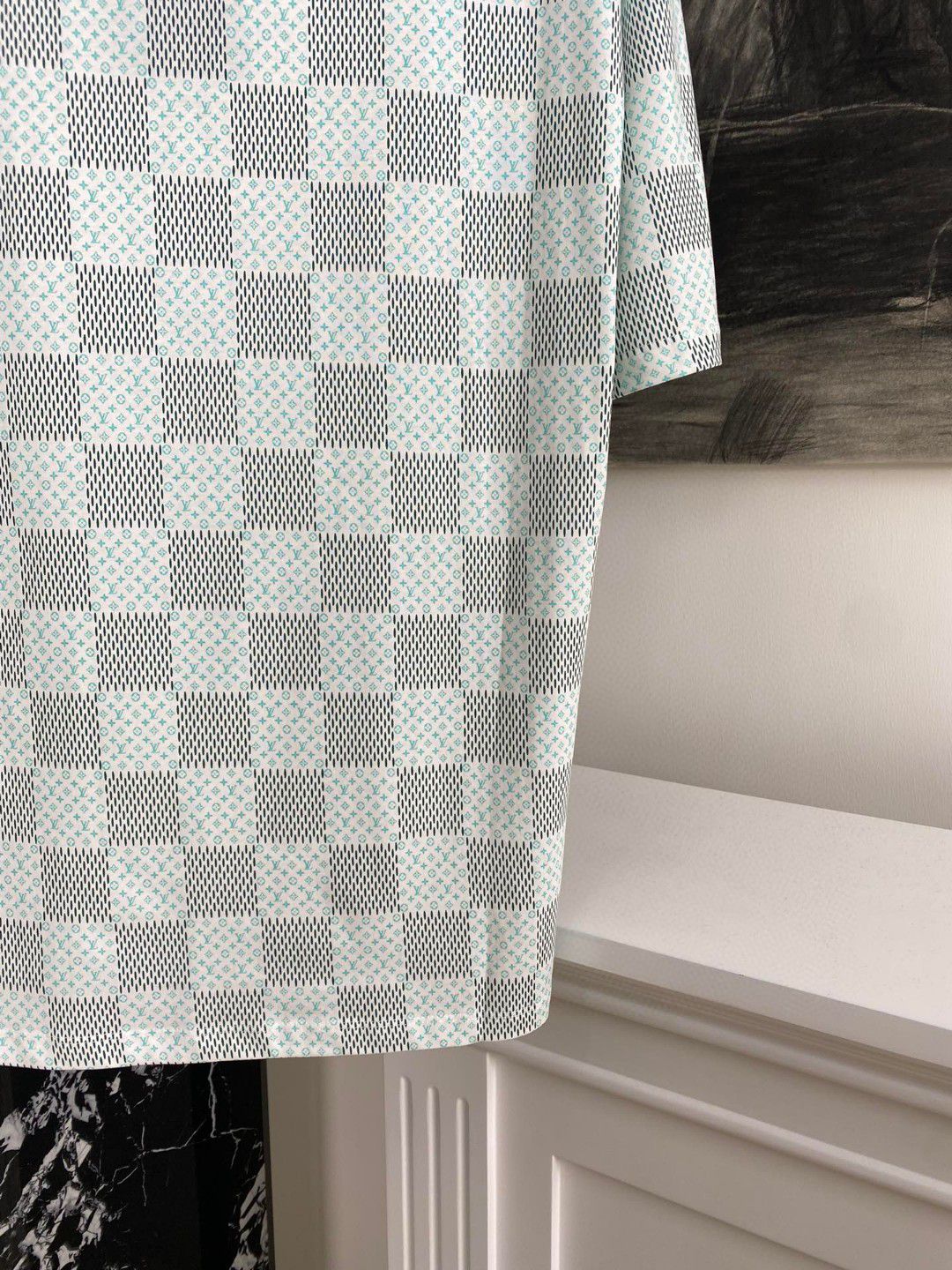 Green checkerboard print short sleeves