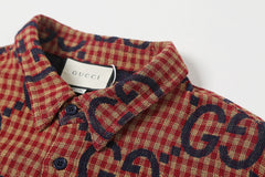 Red plaid wool, cotton and linen jacquard long-sleeved shirt