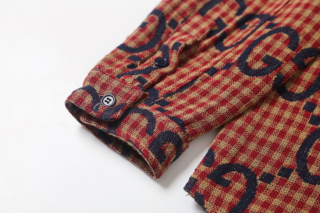 Red plaid wool, cotton and linen jacquard long-sleeved shirt