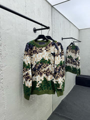 Camouflage Green Checkered Knit Sweater