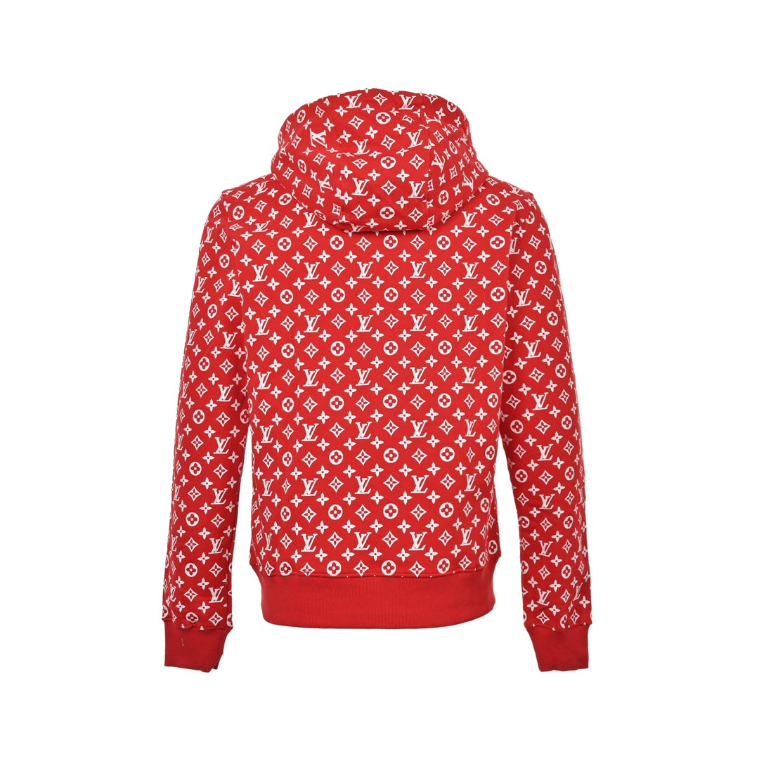 Joint style all-over printed presbyopic red hooded sweatshirt