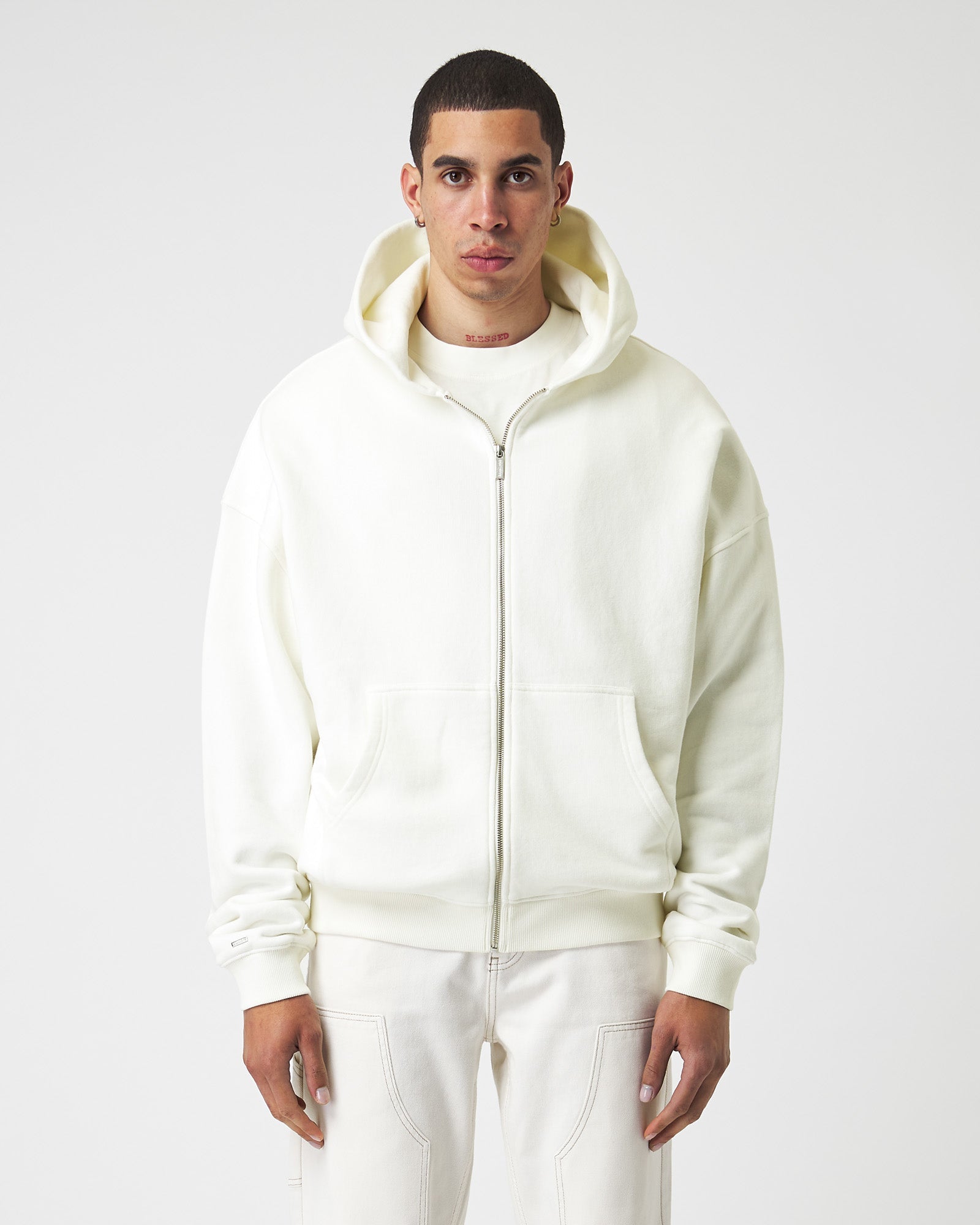 Tung Off White Grunnleggende Zip Hoodie