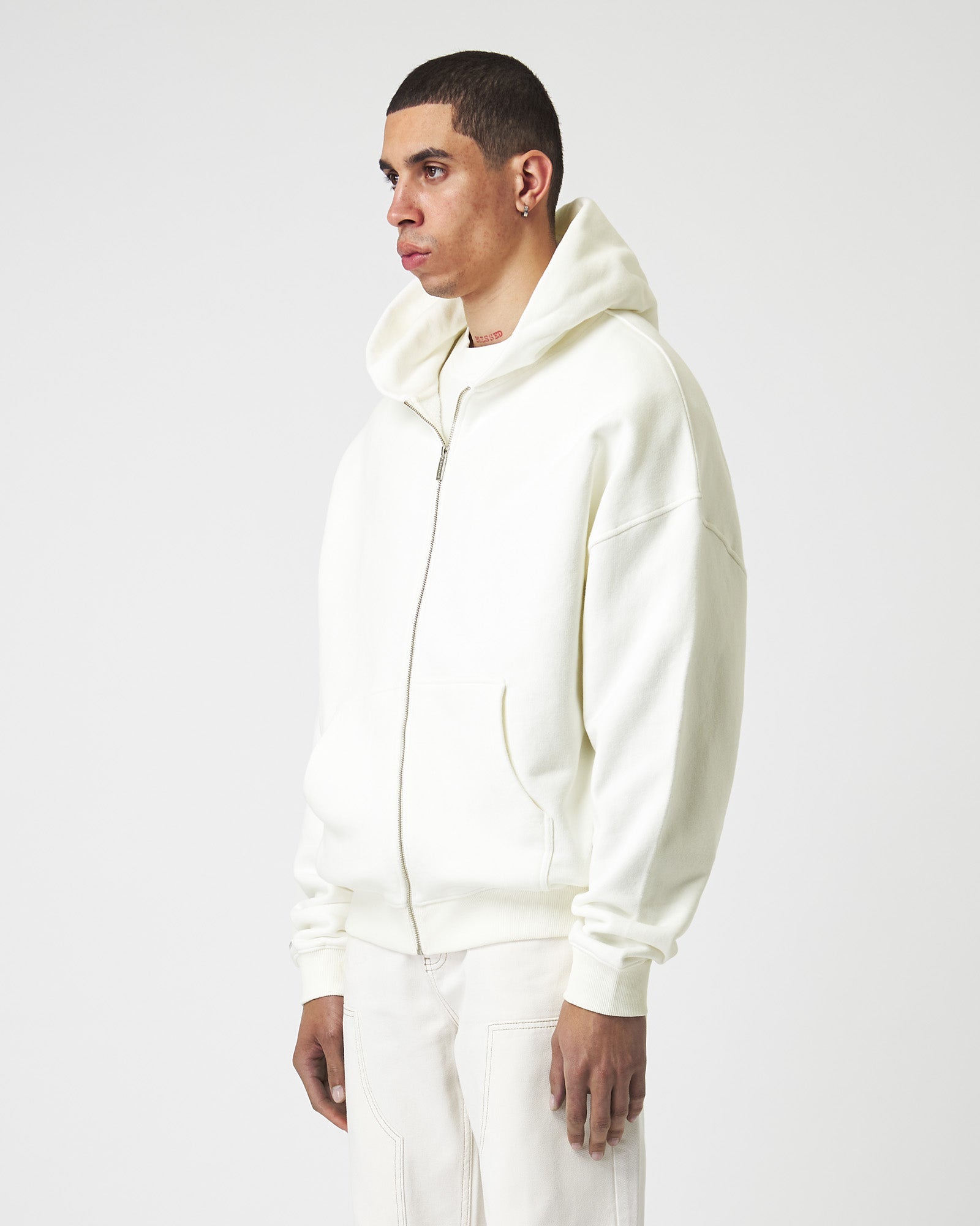 Tung Off White Grunnleggende Zip Hoodie