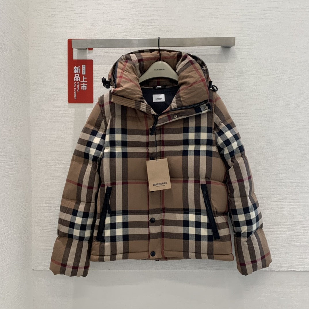 Classic plaid detachable sleeve zipper women's down jacket