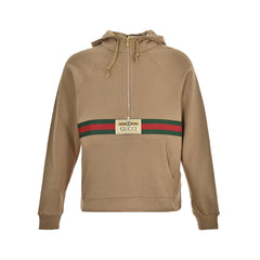 Red and green webbing half-zip long-sleeved hooded sweatshirt