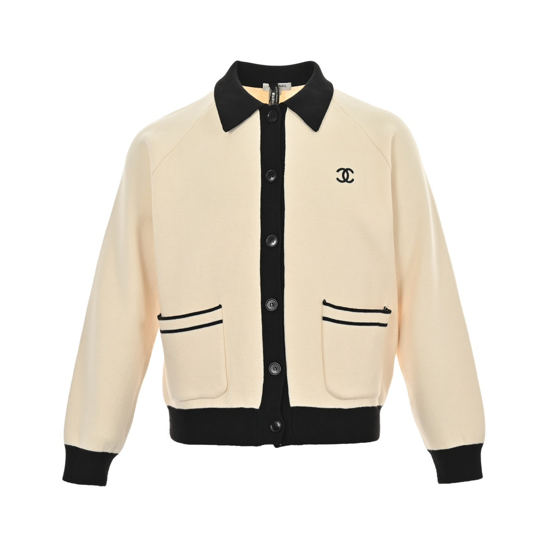 CC logo lapel contrast knitted sweater jacket