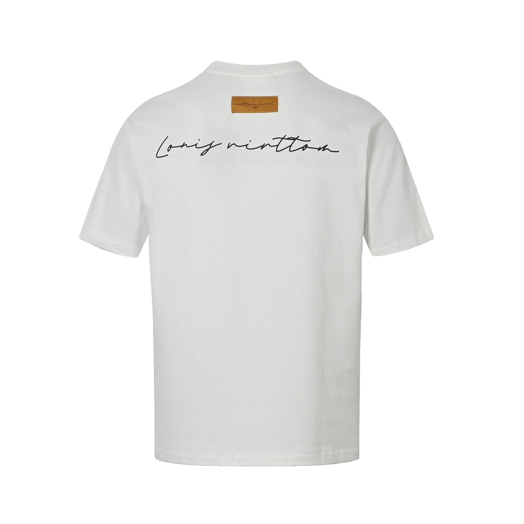 Short sleeves with small floral embroidery and cursive letters on the back